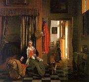 Pieter de Hooch Mother Lacing her Bodice Beside a Cradle oil painting